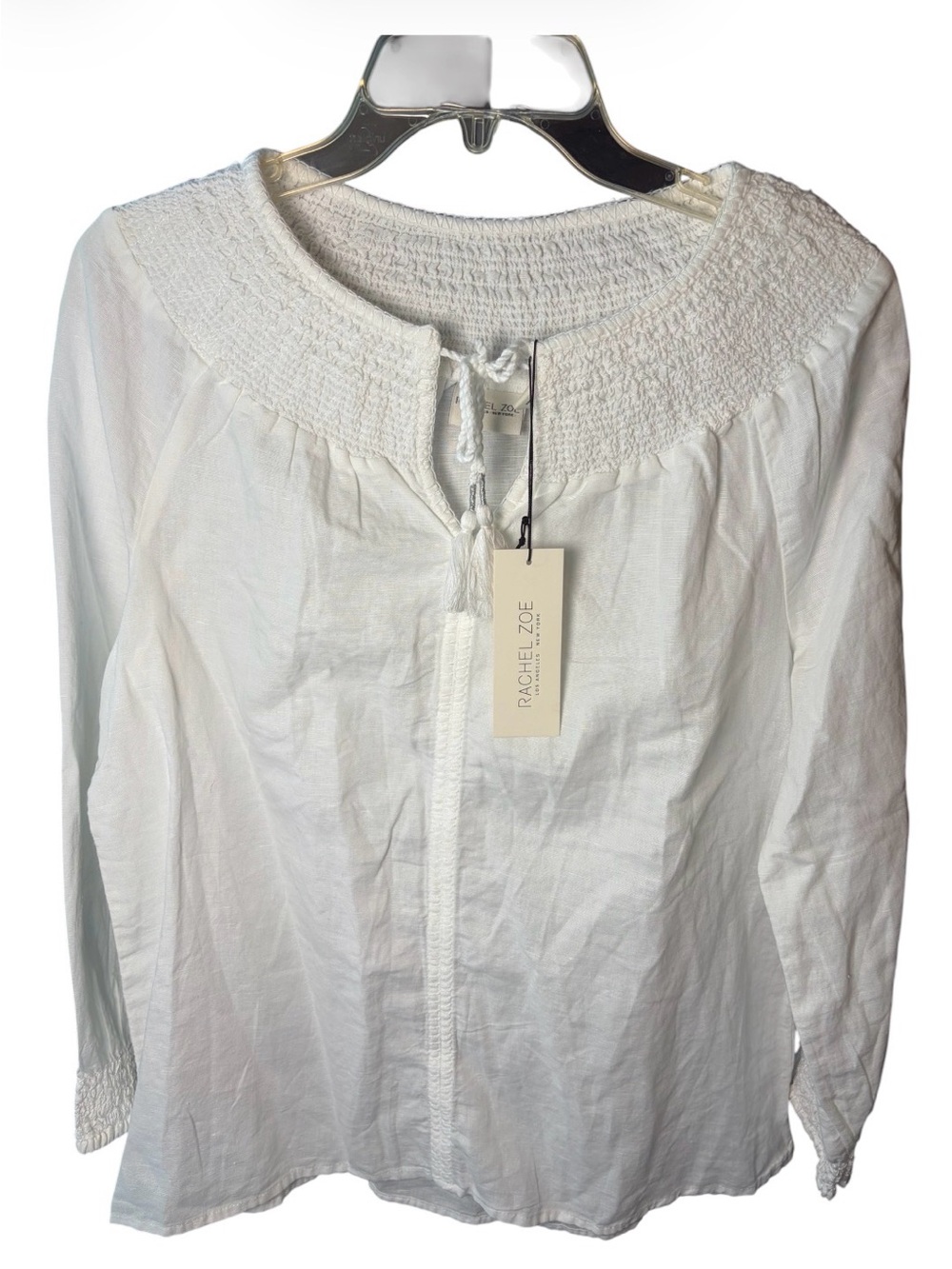 NWT Rachel Zoe White Smocked  long Sleeve linen/cotton Boho Peasant Blouse sz S